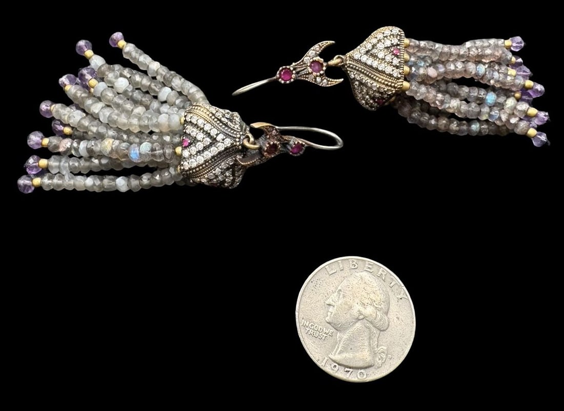 Costume Jewelry Multi-Color Cluster Earrings: Very good condition with minor patina according to age. For measurement reference please see coin in the picture.