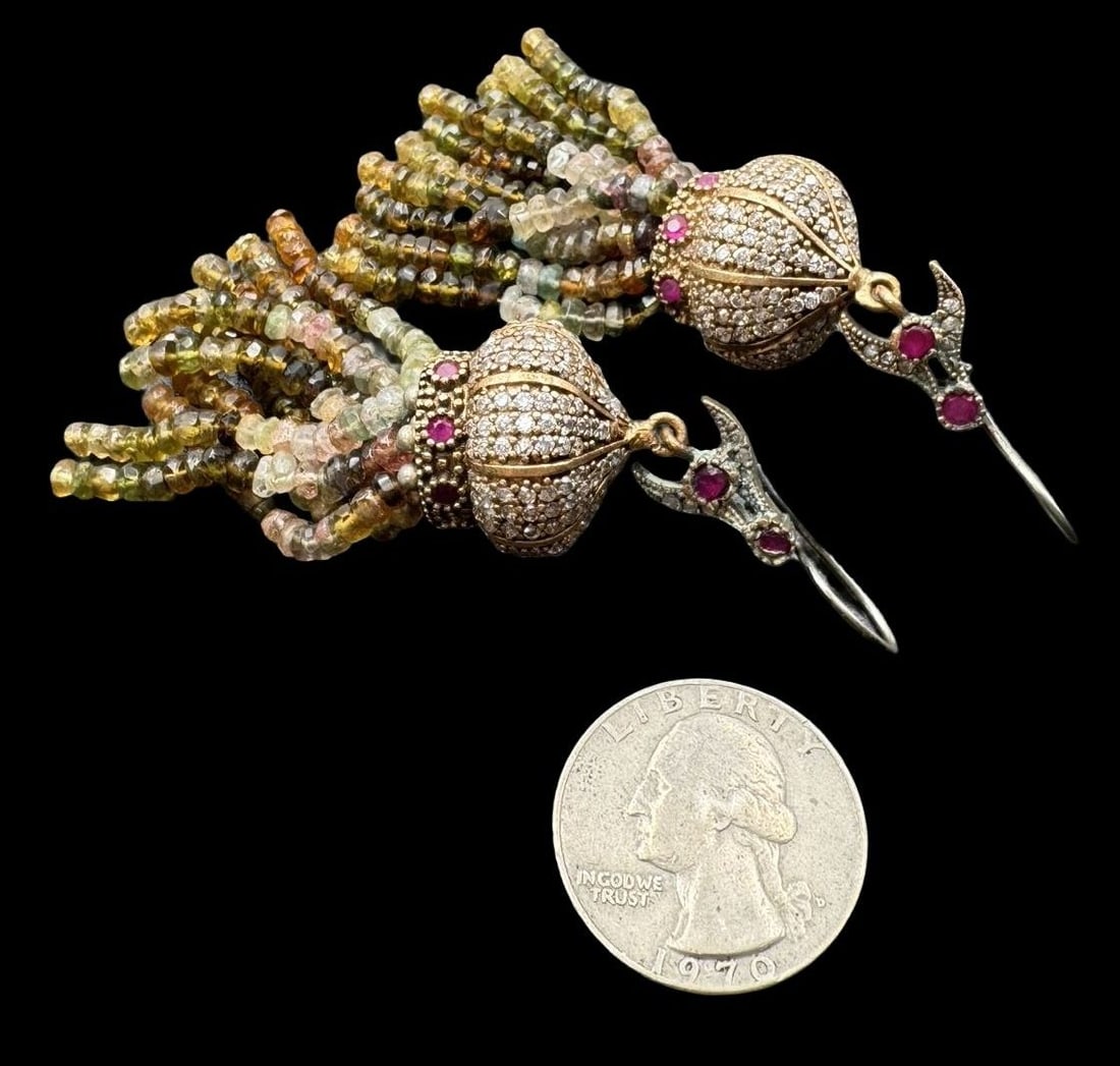 Costume Jewelry Multi-Color Cluster Earrings: Very good condition with minor patina according to age. For measurement reference please see coin in the picture.