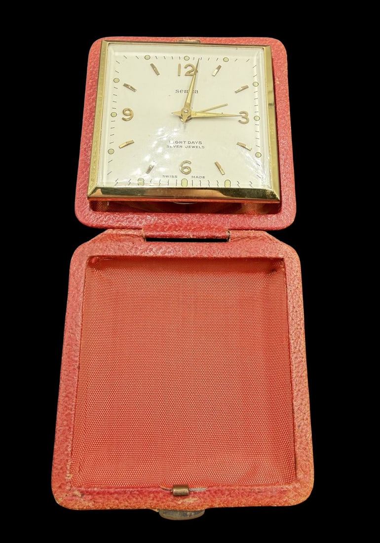 Gorgeous Ornate Vintage SEMCA Stainless Steel & White Dial Pocket Watch /w Box: Very good vintage condition with minor patina according to age. Dial measures approx. 2 1/4" long and 2 1/4" wide. Marked for SEMCA. The timepiece is functional.