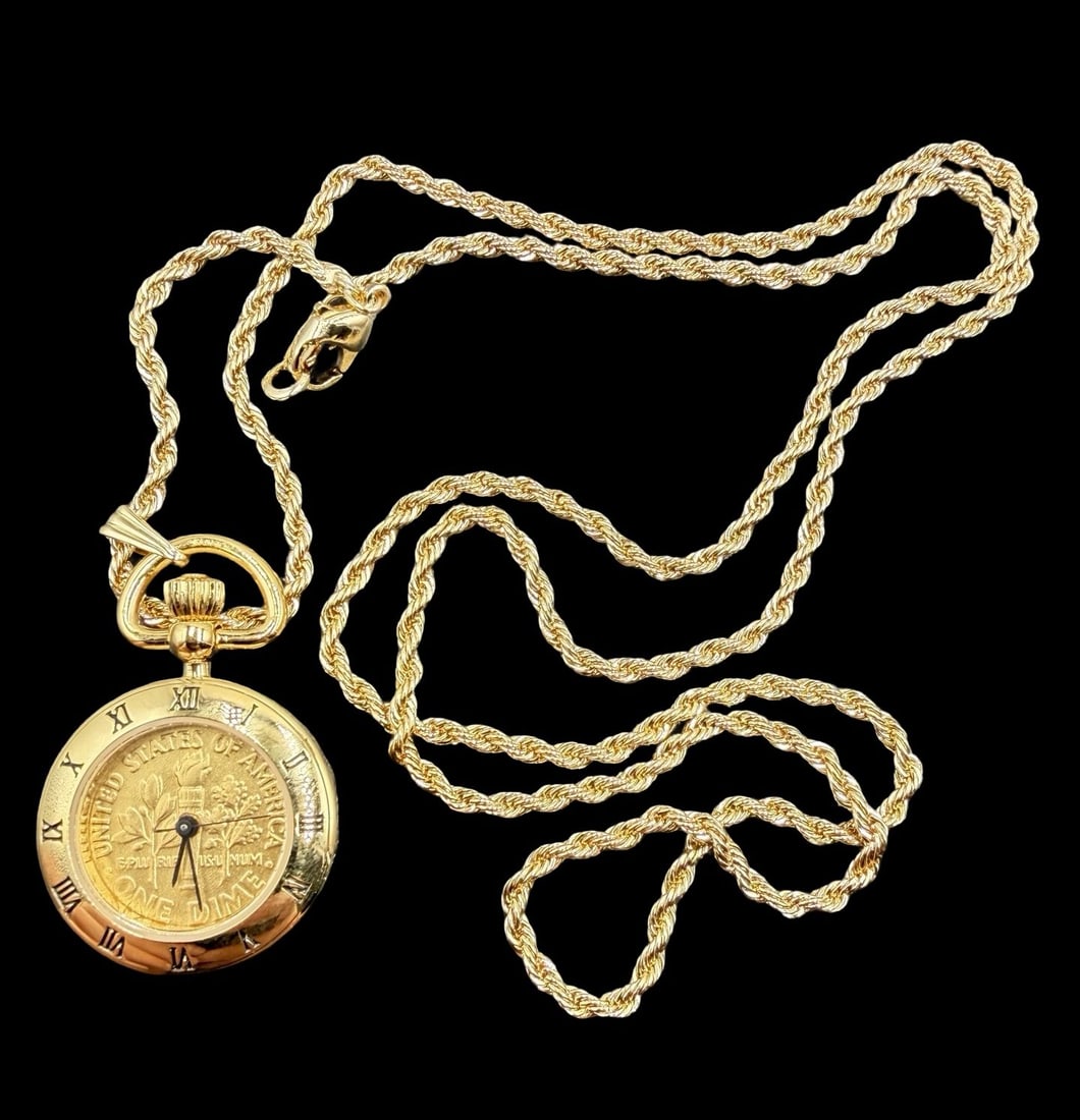 Beautiful Ornate Vintage MINT TIME One Dime Coin Dial Pocket Watch /w Chain & Box: Very good vintage condition with minor patina according to age. Dial measures approx. 3/4" long and 3/4" wide and weighs ca. 28.2 grams. Marked for MINT TIME. The timepiece is currently not working.