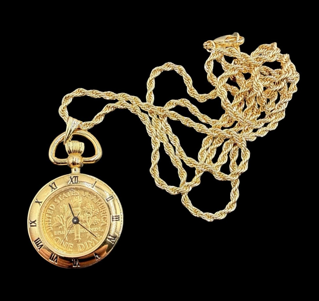 Amazing Ornate Vintage MINT TIME One Dime Coin Dial Pocket Watch /w Chain & Box: Very good vintage condition with minor patina according to age. Dial measures approx. 3/4" long and 3/4" wide and weighs ca. 28.6 grams. Marked for MINT TIME. The timepiece is currently not working.