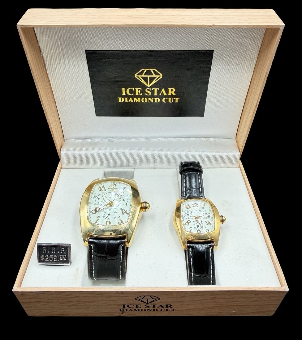 Amazing Vintage ICESTAR Stainless Steel & White Dial Set of Two Quartz Watch /w Box: Very good vintage condition with minor patina according to age. The dial of the larger piece measures approx. 1" long and 1" wide and weighs ca. 97.2 grams. Marked for ICESTAR. The timepieces requires