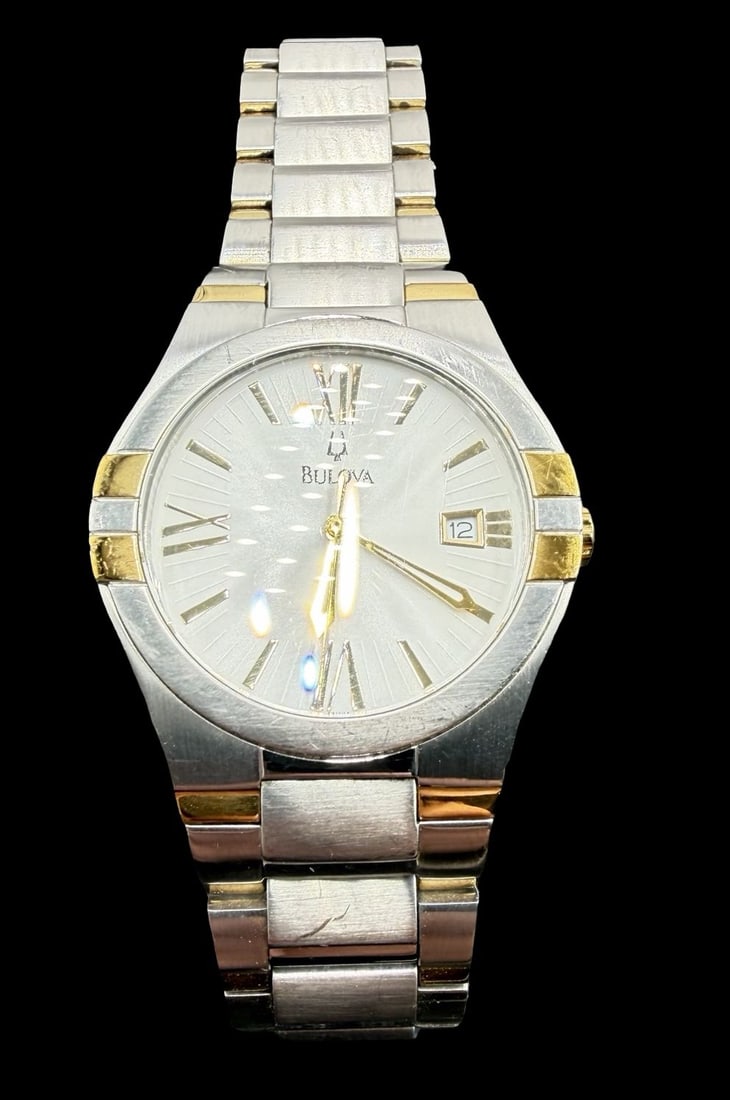 Amazing Vintage BULOVA Stainless Steel & White Dial Watch /w Box: Very good vintage condition with minor patina according to age. Dial measures approx. 1" long and 1" wide and weighs ca. 12.1 grams. Marked for BULOVA. The timepiece is functional.