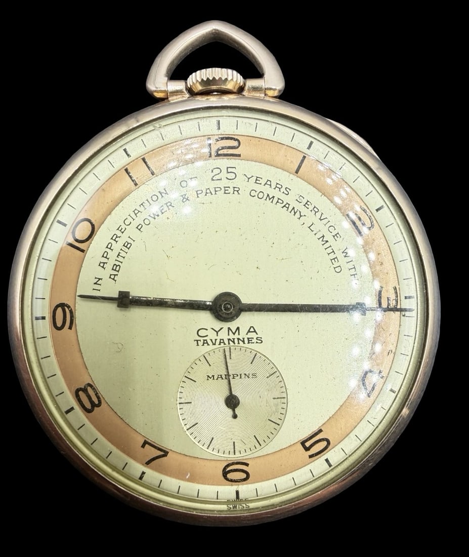 Gorgeous Vintage CYMA TAVANNES Gold Filled & White Dial Pocket Watch: Very good vintage condition with minor patina according to age. Dial measures approx. 1 1/2" long and 1 1/2" wide and weighs ca. 37 grams. Marked for CYMA TAVANNES. The timepiece is functional.