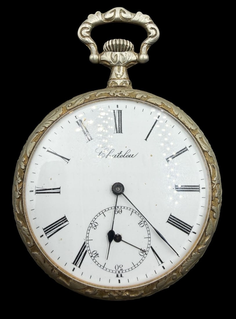 Stunning Ornate Vintage CHATELEAU Silver & Gold-Tone Metal & White Dial Pocket Watch: Very good vintage condition with minor patina according to age. Dial measures approx. 1 3/4" long and 1 3/4" wide and weighs ca. 86.2 grams. Marked for CHATELEAU. The timepiece is currently not workin
