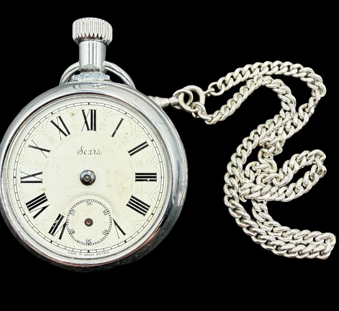 Beautiful Ornate Vintage SEARS Silver-Tone Metal & White Dial Pocket Watch /w Chain: Very good vintage condition with minor patina according to age. Dial measures approx. 1 1/2" long and 1 1/2" wide and weighs ca. 79 grams. Marked for SEARS. The timepiece is currently not working.