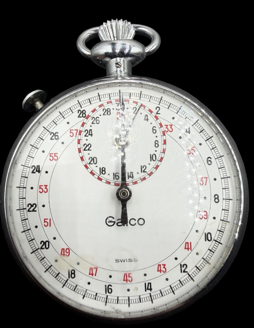 Beautiful Vintage GAICO Silver-Tone Metal & White Dial Pocket Stopwatch (1 of 2)