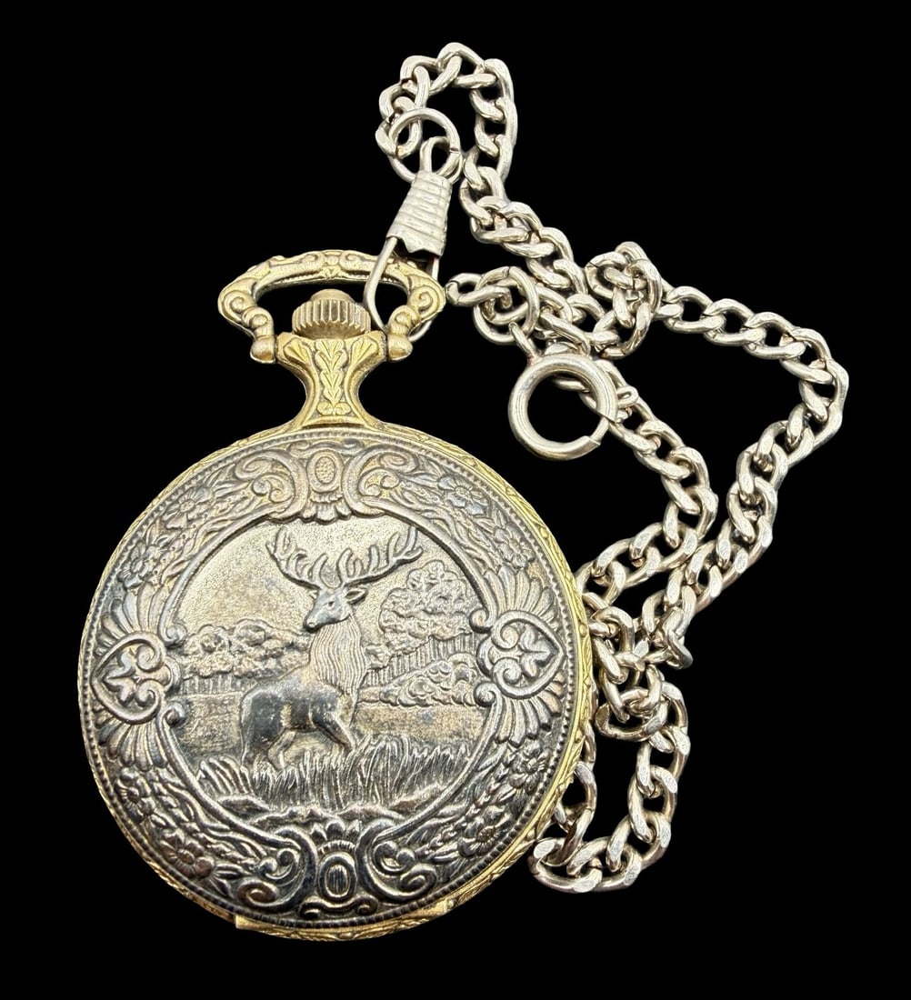 Stunning Ornate Vintage MASESTRON Gold-Tone Metal & Engraved Deer Picture Pocket Watch /w Chain: Very good vintage condition with minor patina according to age. Dial measures approx. 1 1/2" long and 1 1/2" wide and weighs ca. 71.7 grams. Marked for MASESTRON. The timepiece is currently not workin