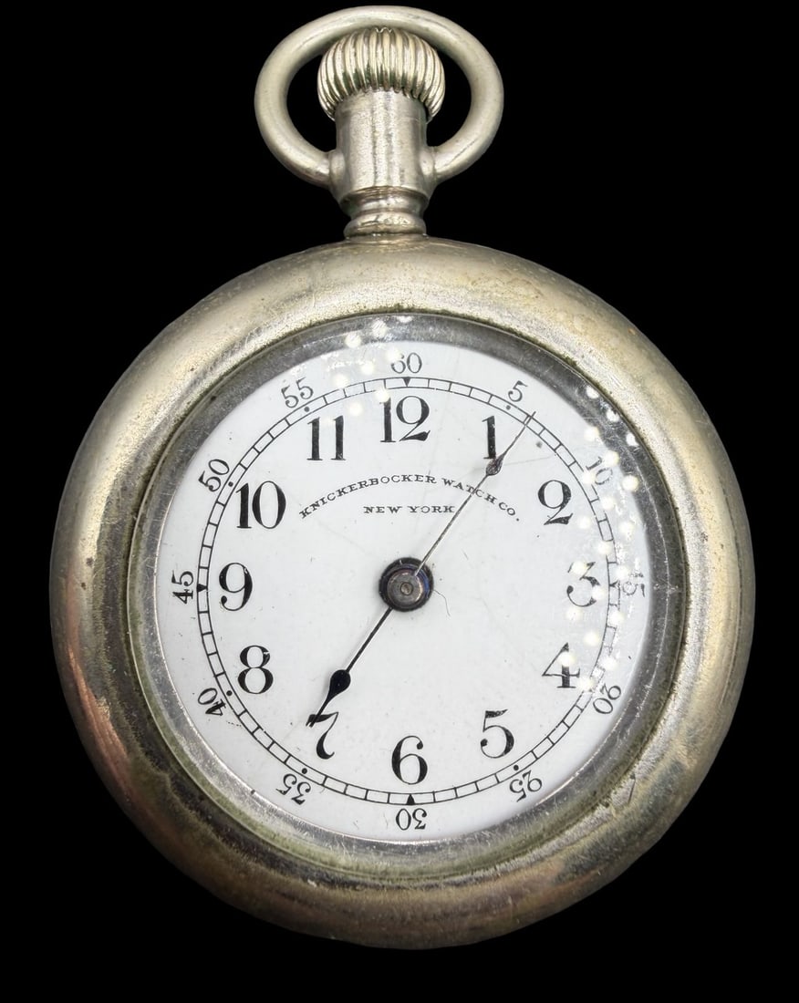 Stunning Ornate Vintage KNICKERBOCKER WATCH CO. Silver-Tone Metal & White Dial Pocket Watch: Very good vintage condition with minor patina according to age. Tested for Sterling silver. Dial measures approx. 1" long and 1" wide and weighs ca. 58.4 grams. Marked for KNICKERBOCKER WATCH CO. The 