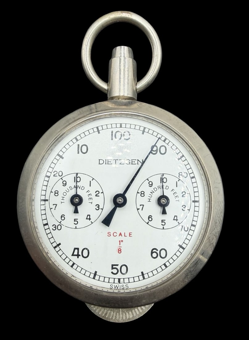 Beautiful Vintage DIETZGEN Silver-Tone Metal & White Dial Pocket Stopwatch: Very good vintage condition with minor patina according to age. Dial measures approx. 1 1/4" long and 1 1/4" wide and weighs ca. 55.6 grams. Marked for DIETZGEN.
