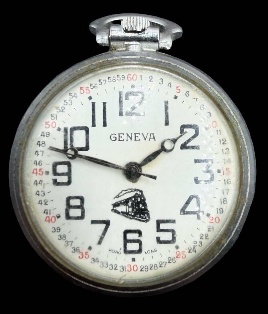 Amazing Ornate Vintage GENEVA Silver-Tone Metal, Engraved Train & White Dial Pocket Watch: Very good vintage condition with minor patina according to age. Dial measures approx. 1 1/4" long and 1 1/4" wide and weighs ca. 35.6 grams. Marked for GENEVA. The timepiece is working.