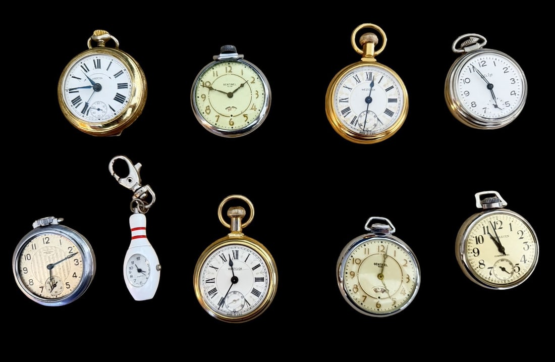 Lot of 9 Pocket Watches: Very good vintage condition with minor patina according to age. Dial measures approx. weighs ca. 1 lb 4oz. The timepiece is functional.