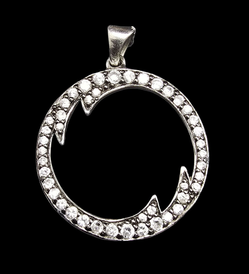 Beautiful Ornate Vintage Sterling Silver /w Clear Rhinestones Pendant: Very good vintage condition with minor patina according to age. Measures approx. 1" long and 1" wide and weighs ca. 2.5 grams. Marked for Sterling Silver