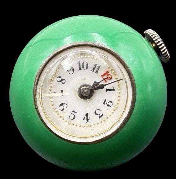 Vintage Swiss JUVENIA Enamel & Sterling Silver Pendant Ball Watch: Very good vintage condition with minor patina according to age. Measures approx. 1" in diameter and weighs ca. 20.1 grams. Marked for Sterling Silver. Made by JUVENIA.