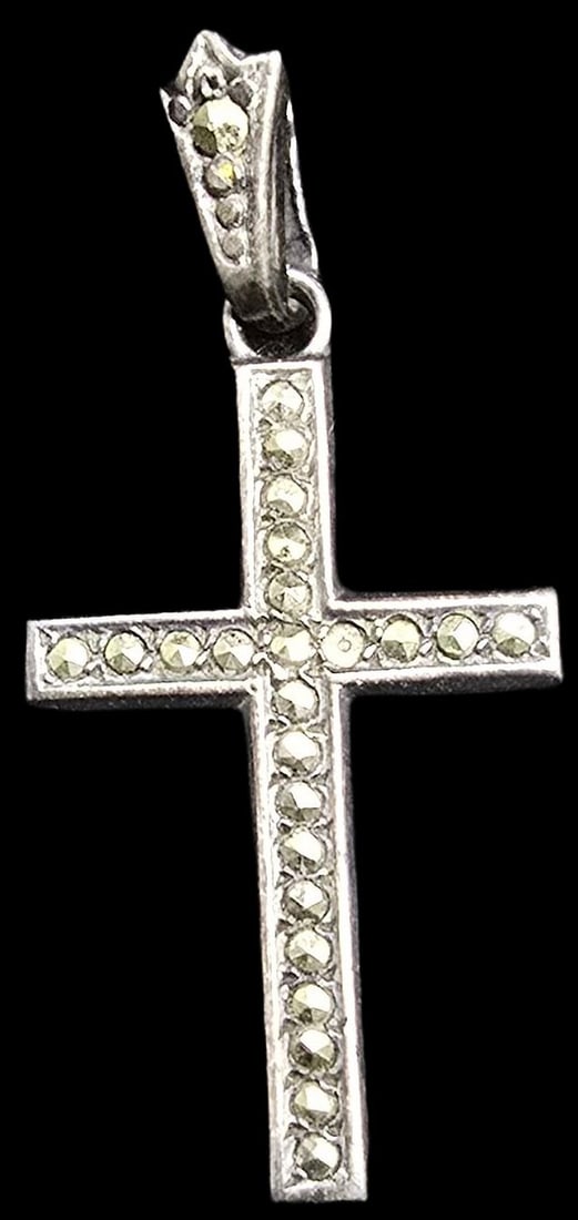 Great Vintage Sterling Silver & Marcasite Religious Cross Designer Pendant: Very good vintage condition with minor patina according to age. Measures approx. 1" long and weighs ca. 1 gram. Marked for Sterling Silver & Designer.