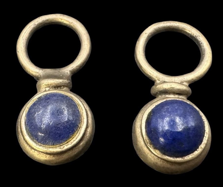 Pair of Charming Vintage Gilt Sterling Silver & Blue Gemstone Pendants: Very good vintage condition with minor patina according to age. Each measures approx. 3/4" long x 3/8" wide and they jointly weigh ca. 5.4 grams. Marked for Sterling Silver.