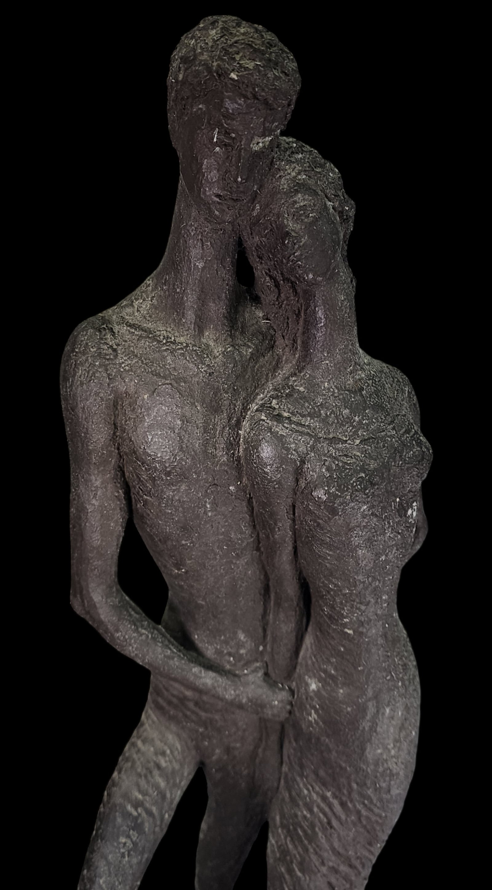 Large Mid Century Modern Brutalist EDWARD SCHILLACI Austin Productions Sculpture: Features a textured standing couple lovingly holding hands. Good original condition with minor signs of wear consistent with age and history. Measures approx. 9" wide x 6" deep x 26" high. Signed on t