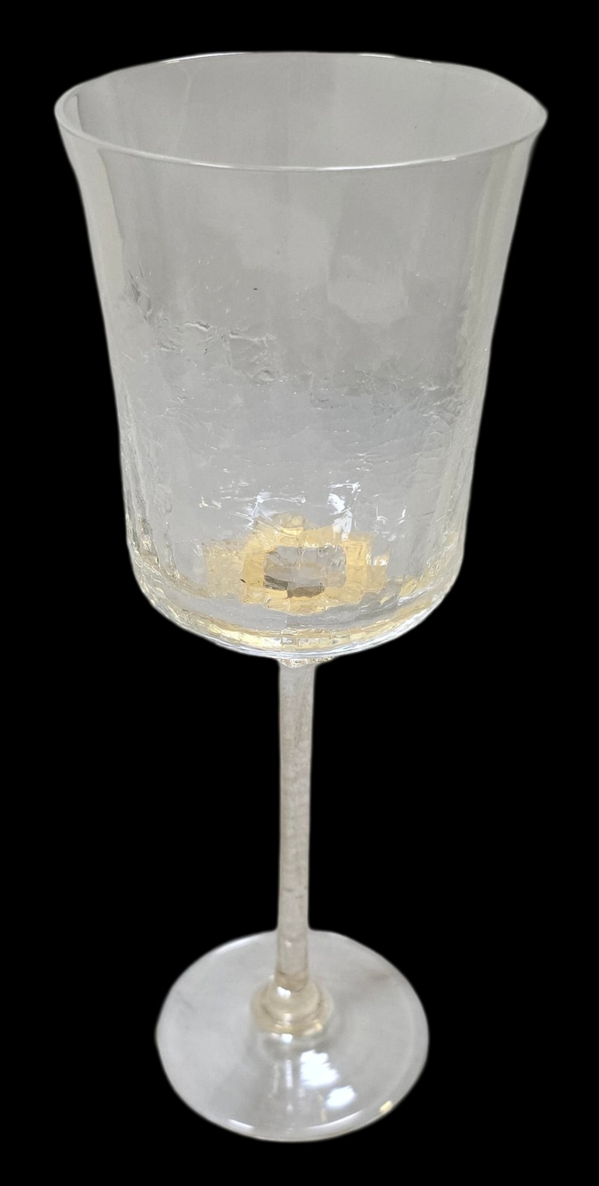 Vintage Handmade Clear Crystal & Gold Flake Stemmed Wine Glass: Very good vintage condition; no chips, cracks, and repairs. Measures approx. 9 1/2" high x 3" diameter.