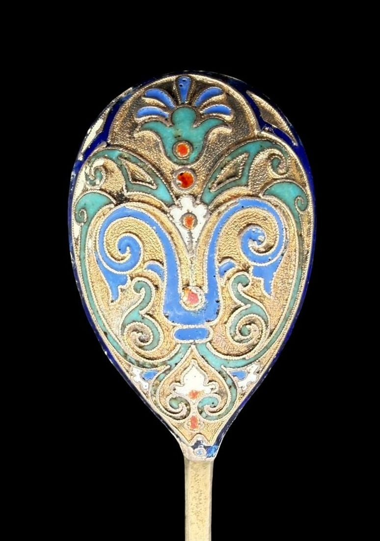 Set of 6 Antique 19th Cent. Russian Made TIFFANY & CO Enameled 88 Zolotniki Silver Spoons: Good antique condition with wear and patina according to age. Each spoon measures approx. 4 1/2" long and weighs ca. 18.5 grams. Stamped with Russian hallmarks and marked for TIFFANY & CO.