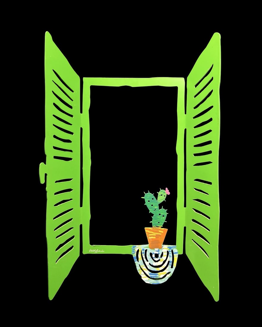 Amazing Ornate Vintage DAVID GERNSTEIN Art Hand Made Free Standing Metal Green Window Cactus: Very good vintage condition with minor patina according to age. Measures approx. 15 7/8" high and 10 1/4" wide and 2 1/2" deep. Marked.