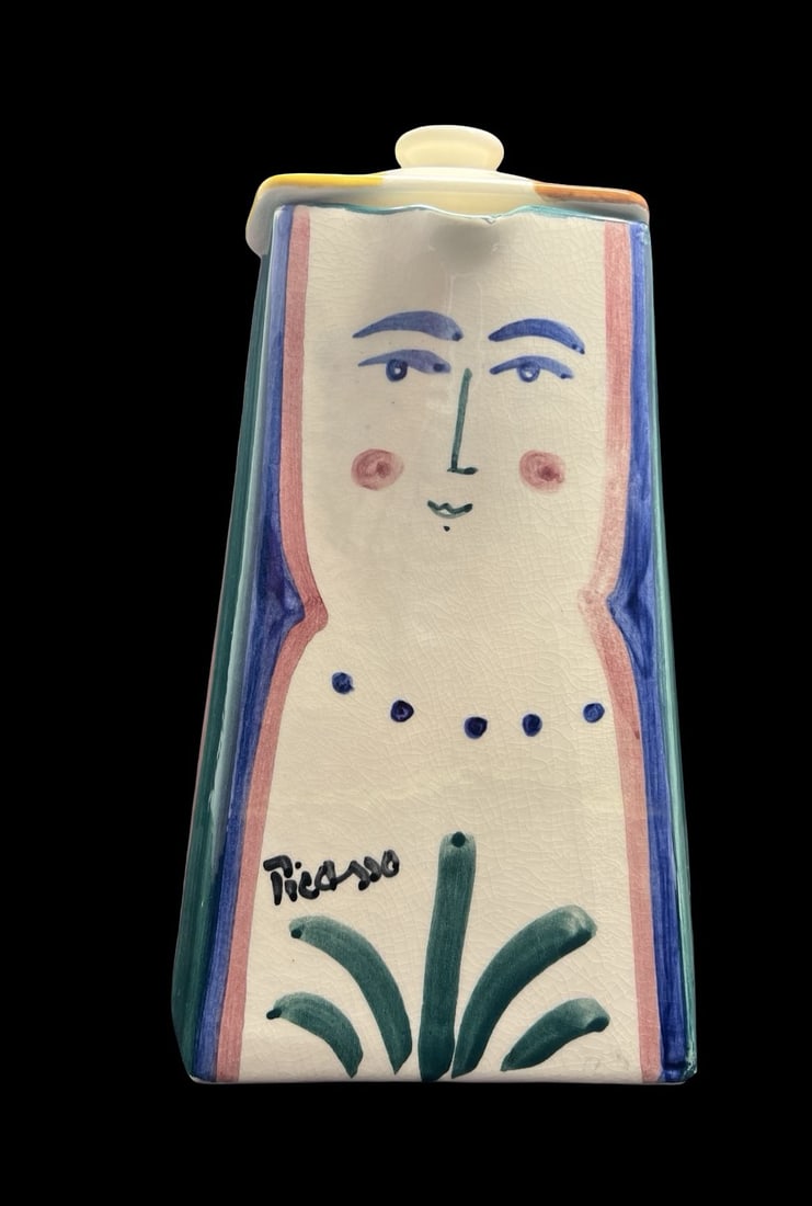 Rare Vintage 1940s Mexican PICASSO for PADILLA Ceramic Pitcher: Very good vintage condition; no chips, cracks or repairs; some crackling according to age. Measures approx. 6 1/2" long and 6 1/4" wide and 10 1/2" high. Marked on the bottom.