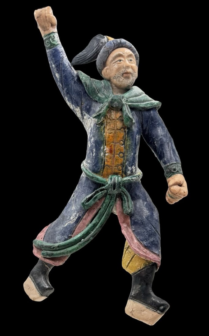 Antique Chinese Glazed Ceramic Warrior Mounted on a Lucite Base: Very good antique condition with minor patina according to age. Man measures approx. 10 1/2" high x 5 1/4" wide. Lucite base measures approx. 3" high x 7" wide x 4" deep.