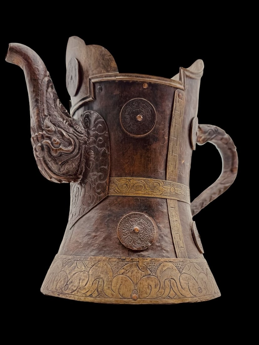 Ornate Antique Handmade Middle-Eastern Copper & Brass Lined Decorative Coffee / Tea Pot: Very good antique condition with wear according to age. Measures approx. 15" high x 7" wide x 7" long