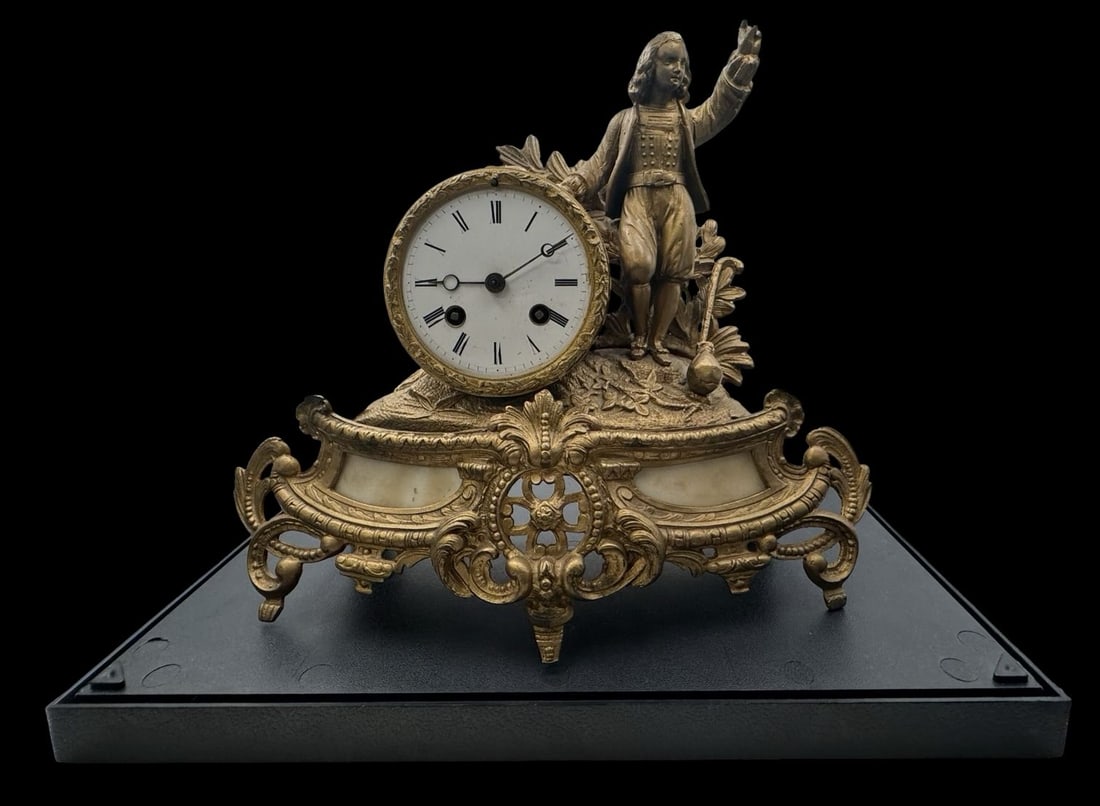 Beautiful Antique JAPY FRERES France Gold Plated Brass Table Clock: Very good antique condition. Measures approx. 11" high x 13" wide x 4 1/2" deep. Not tested.