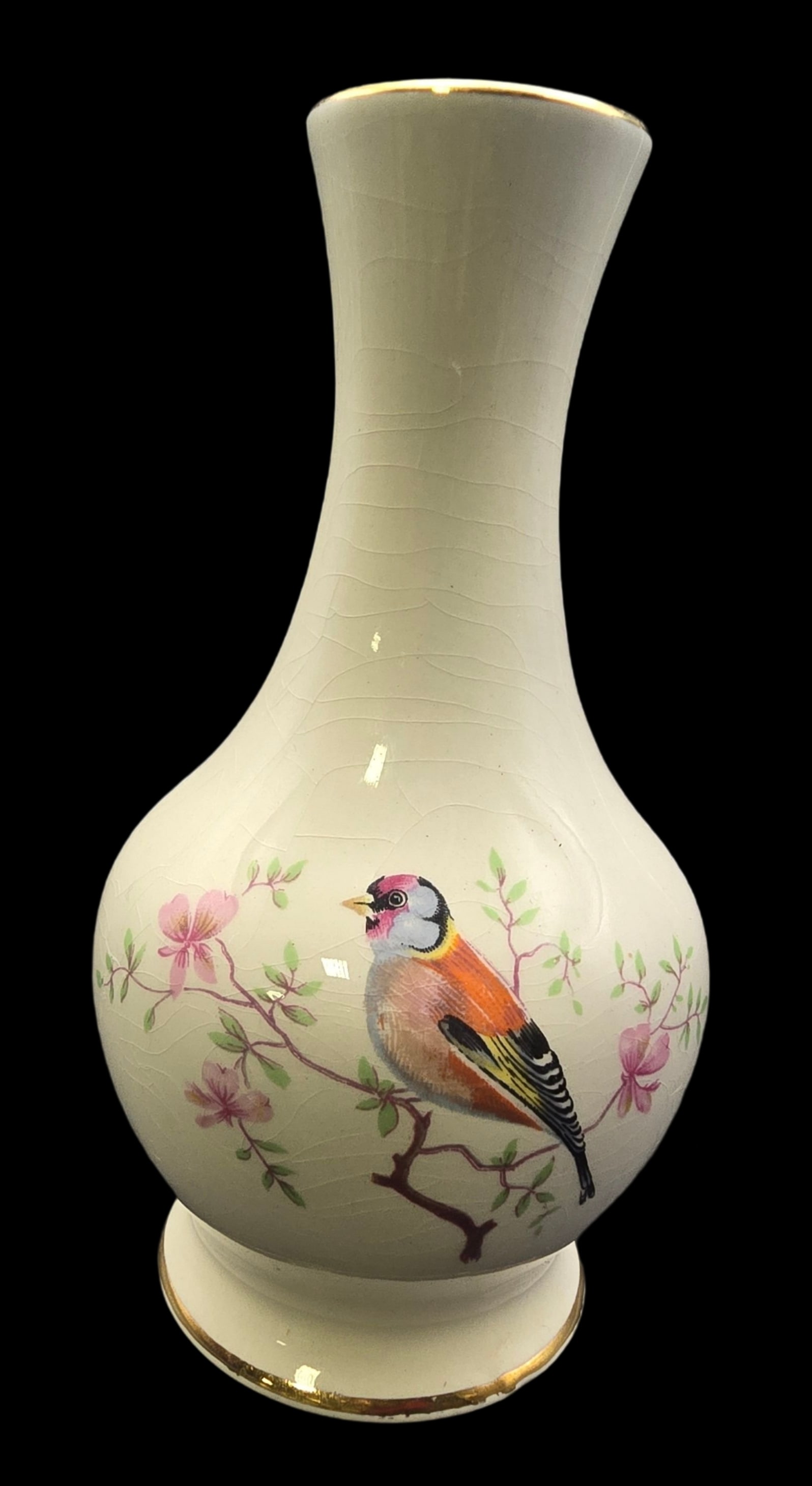 Vintage British ROYAL WORCESTER Ceramic Vase w/ Bird Motive: Very good vintage condition with some crackling according to age. Measures approx. 5" high x 3" in diameter. Marked.