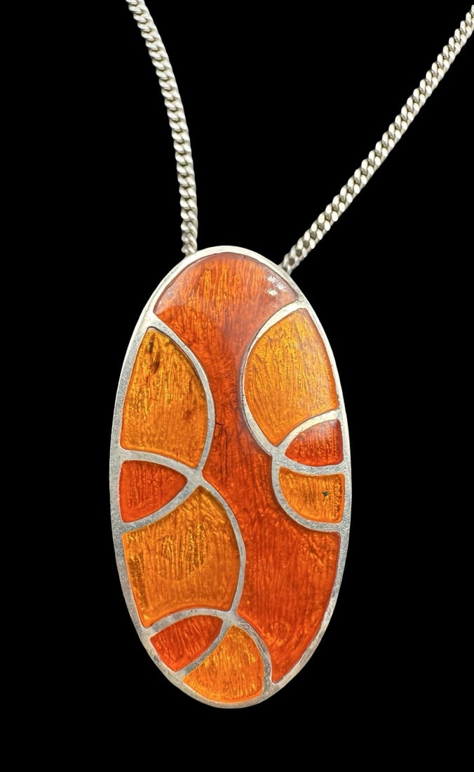 Beautiful Vintage Handcrafted Sterling Silver & Orange Enamel Pendant Necklace: Very good vintage condition. Measures approx. 10.5" long x 1/2" wide. Marked for Sterling Silver.
