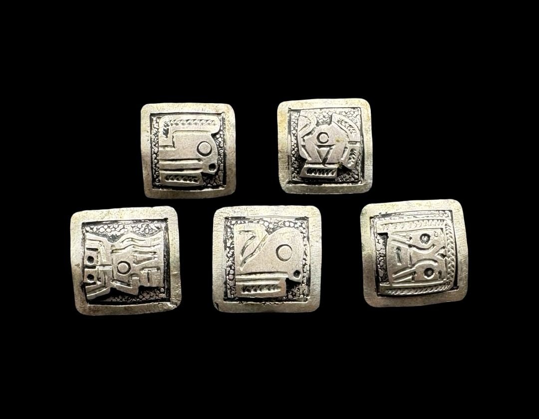 Ornate Vintage Mexican Sterling Silver Mayan Style Zodiac Glyph Buttons: Very good vintage condition. Measures approx. .2" long, .2" wide. Weighs approx. 5.94 grams. Marked for Sterling Silver.