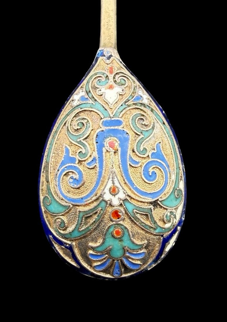 Set of 6 Antique 19th Cent. Russian Made TIFFANY & CO. Enameled 88 Zolotniki Silver Spoons: Good antique condition with wear and patina according to age. Each spoon measures approx. 4 1/2" long and weighs ca. 18.5 grams. Stamped with Russian hallmarks and marked for TIFFANY & CO.