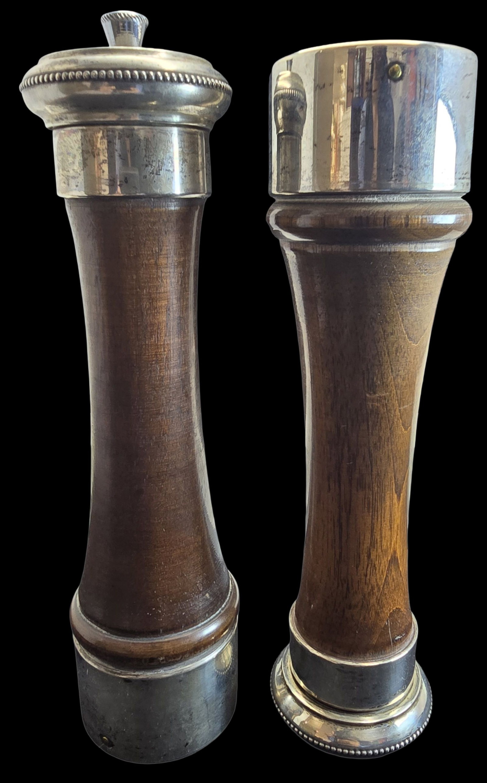 Amazing Vintage ITALIAN Sterling Silver & Wood Salt Shaker & Pepper Mill: Very good vintage condition with wear and patina according to age. Each measures approx. 9" high x 2" in diameter. Marked.