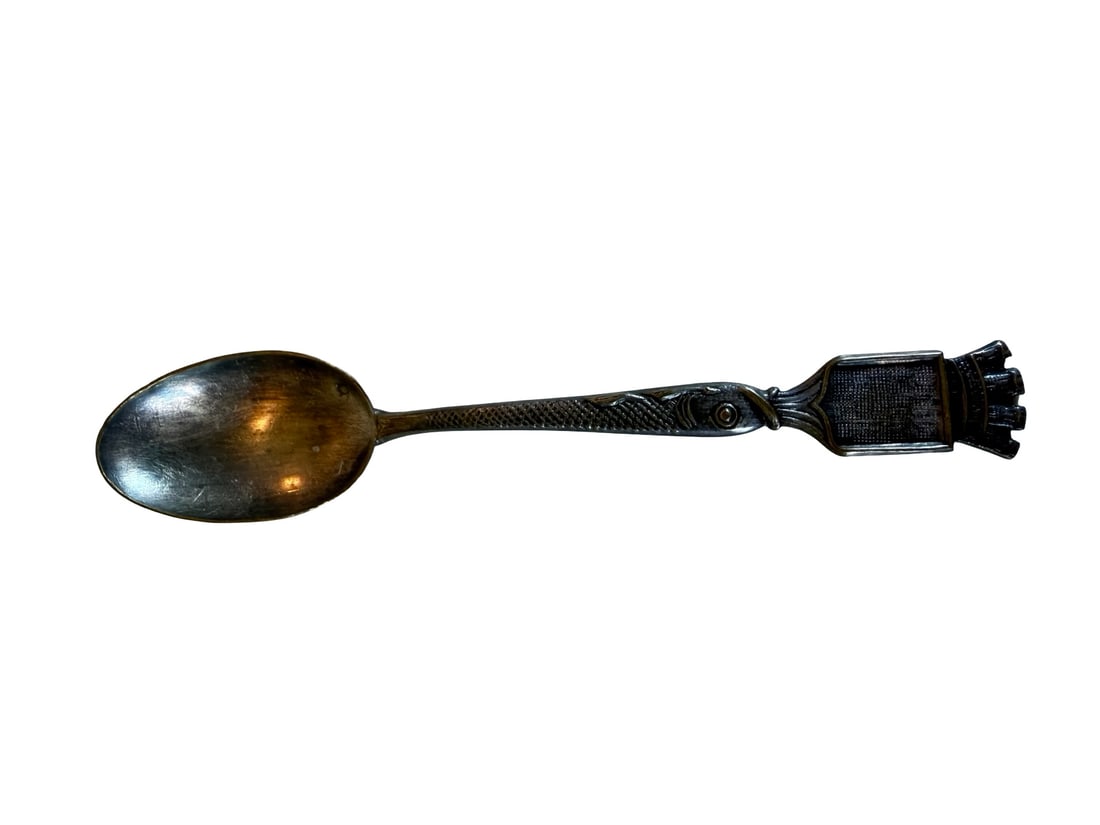 Antique Silver Fish-Handle Souvenir Spoon with Castle-Style Finial: Very good antique condition with minor patina according to age. Measures approx. 4.5" long x 3/4" wide x 1/2" high. Hallmarked.