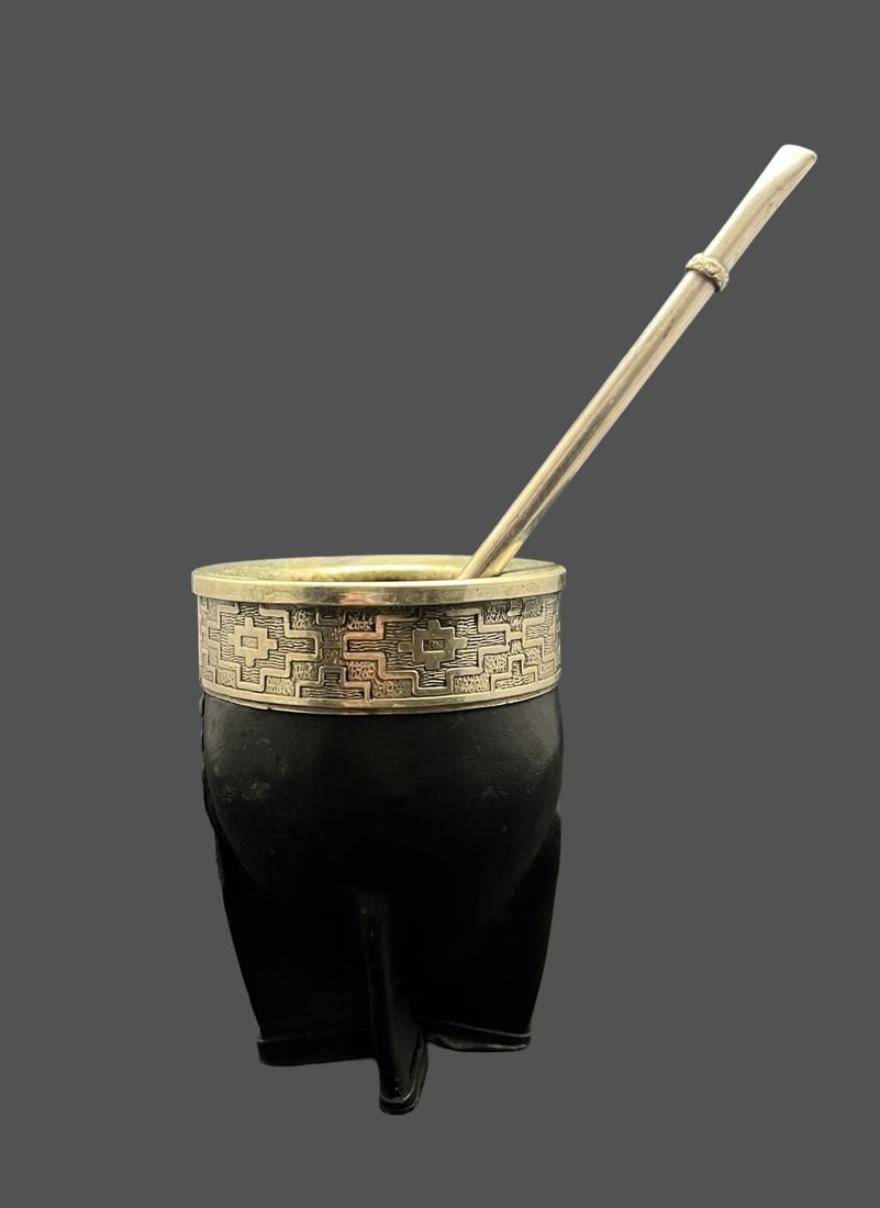 Gorgeous Ornate Vintage Silverplate & Black Ceramic Yerba Mate Gourd w/ Spoon: Very good vintage condition with minor patina according to age. Measures approx. 3 3/8" long and 3 3/8" wide and 4 3/4" high.
