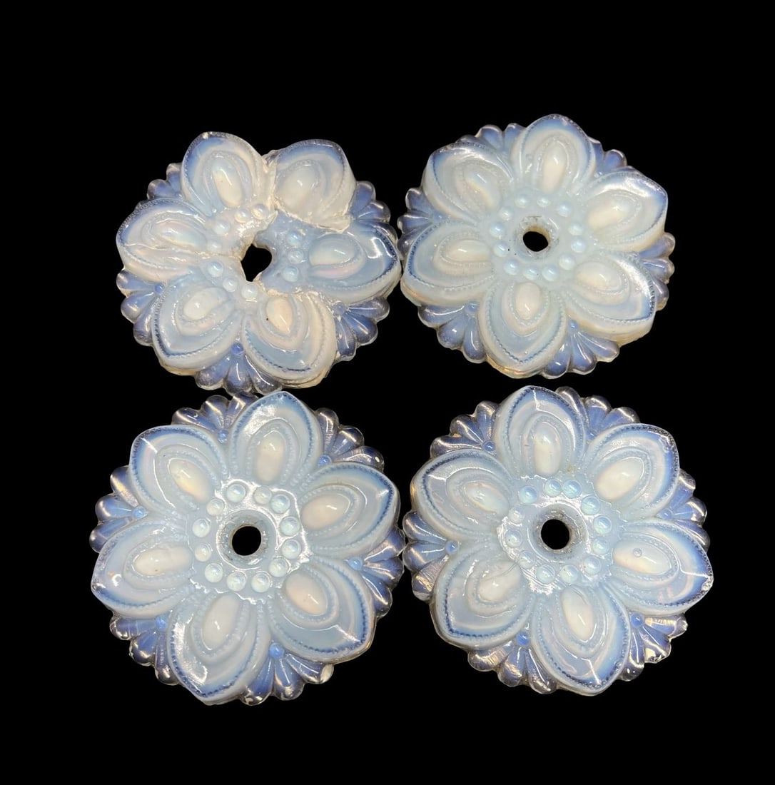 Stunning Antique Set of 4 Victorian Opalescent Pressed Glasses Flower Curtain Plates: Very good antique condition; no chips, cracks. One piece has been repaired (glued together). Measures approx. 3 1/8" long and 3 1/8" wide and 5" high.