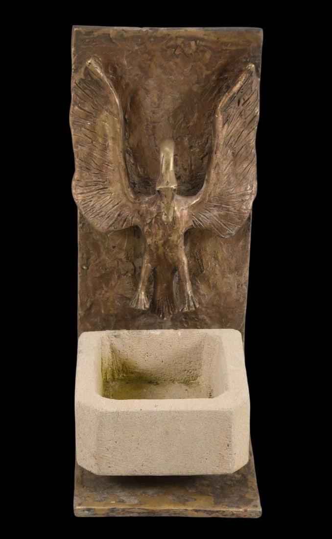 Very Unusual Mid-Century Modern Bronze & Stone Holy Water Fountain attrib. to ERNST GUNZKOFER: Very good vintage condition with wear and patina according to age. From a high-end estate in Germany. Measures approx. 12" high and weighs ca. 12 lbs.