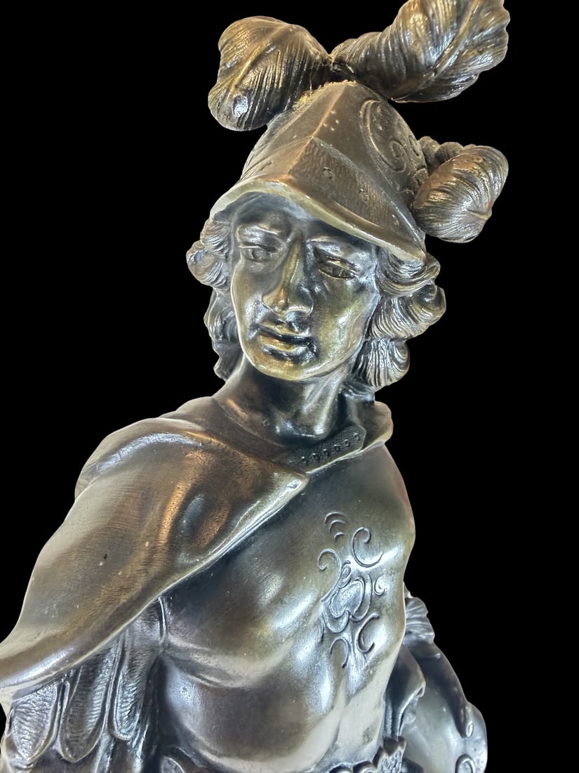 Antique GUSTAVE-FREDERIC MICHEL (French, 1851?1924) Cast Bronze Greek Soldier Sculpture: Very good vintage condition with minor patina according to age. Measures approx. 15" high x 7" wide. Signed.