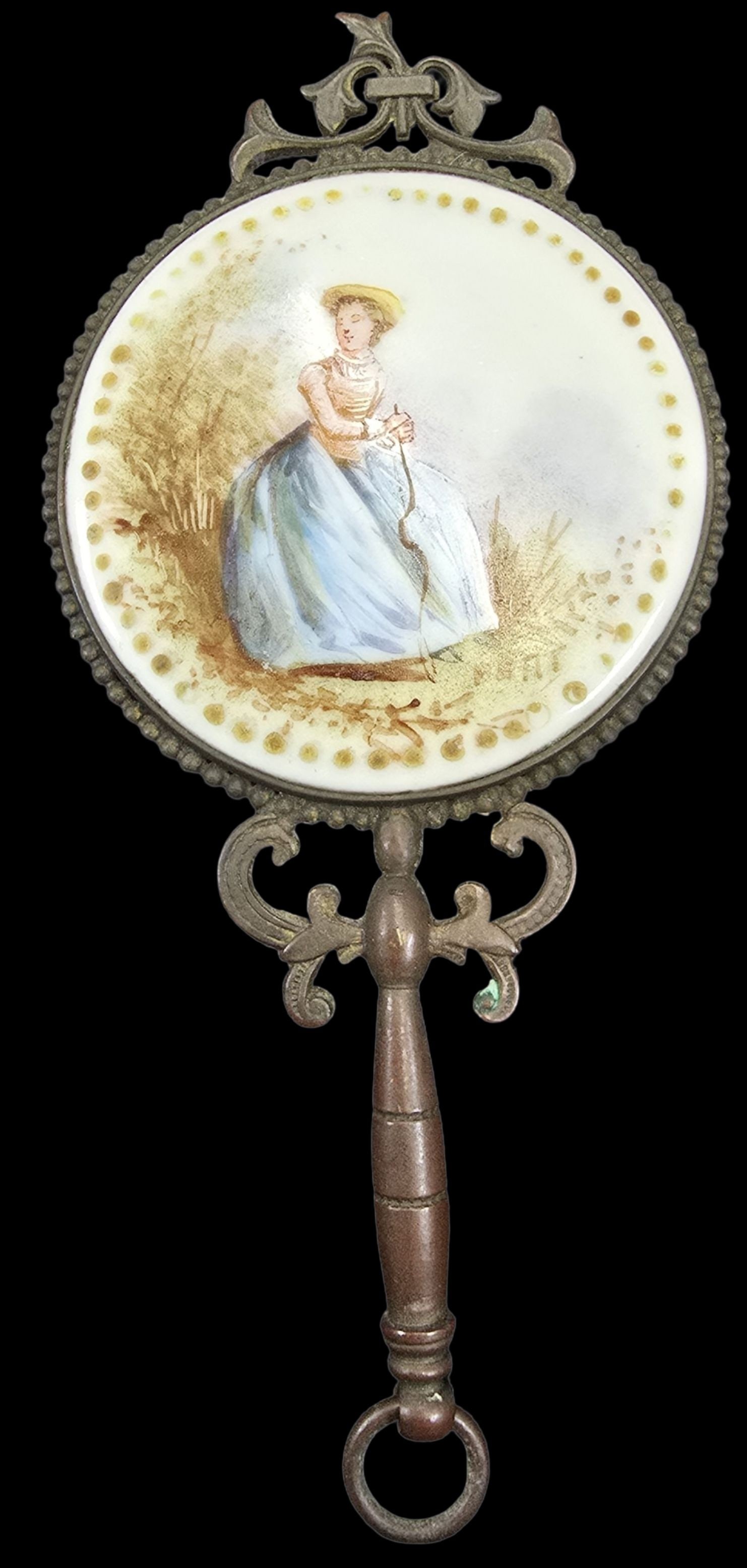 Antique 19th Cent. French Bronze Ormolu Hand Mirror w/ Porcelain Portrait Plaque: An antique 19th Century French bronze hand mirror with a hand-painted porcelain portrait of a woman. Very good antique condition with wear and patina according to age. Measures approx. 4" high x 2" wi