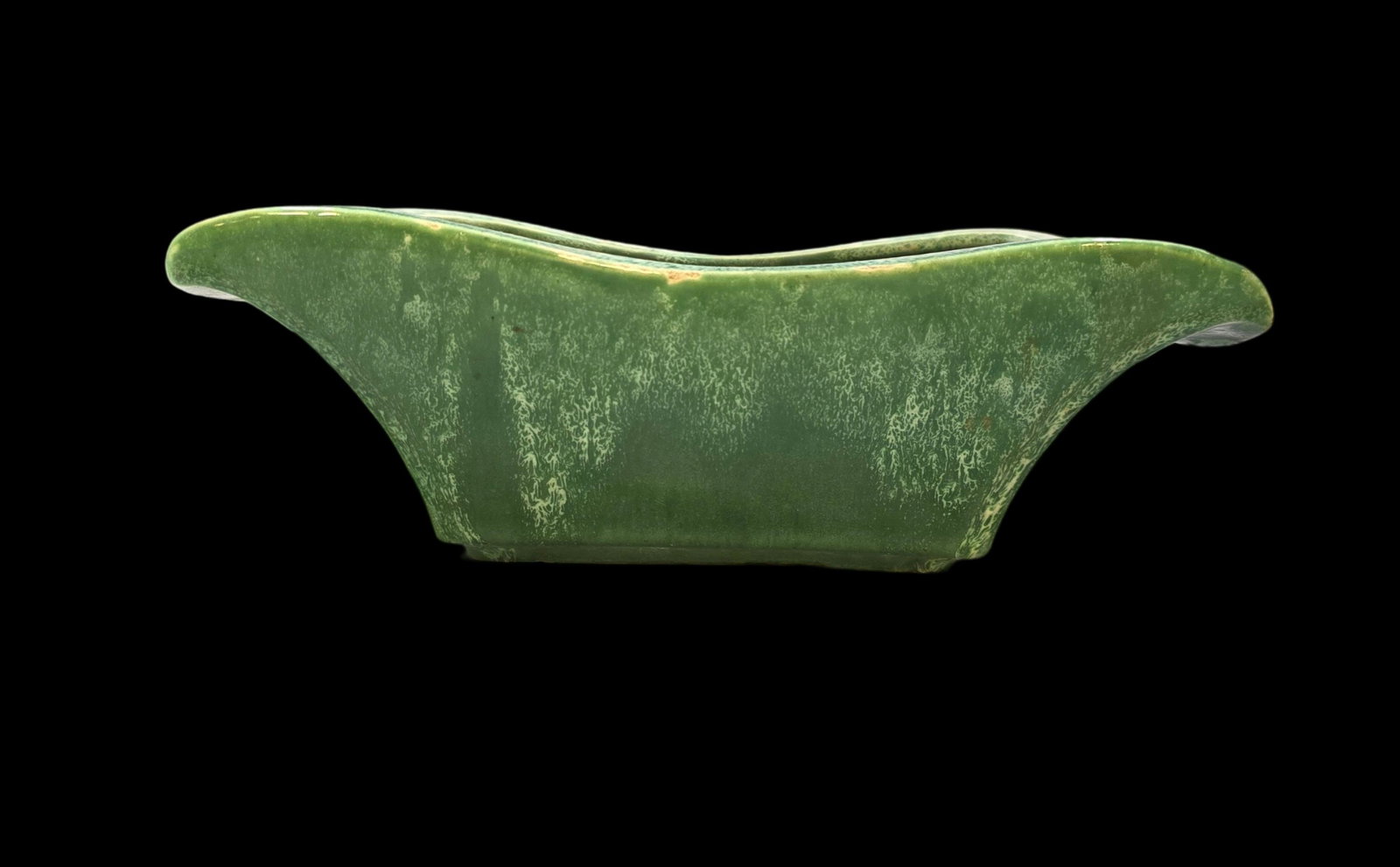 Vintage Mid-Century Modern Green Art Pottery Ceramic Planter: Very good vintage condition with minor wear according to age, please see pictures. No cracks or repairs. Measures approx. 2 1/2" high x 10" wide. Marked.