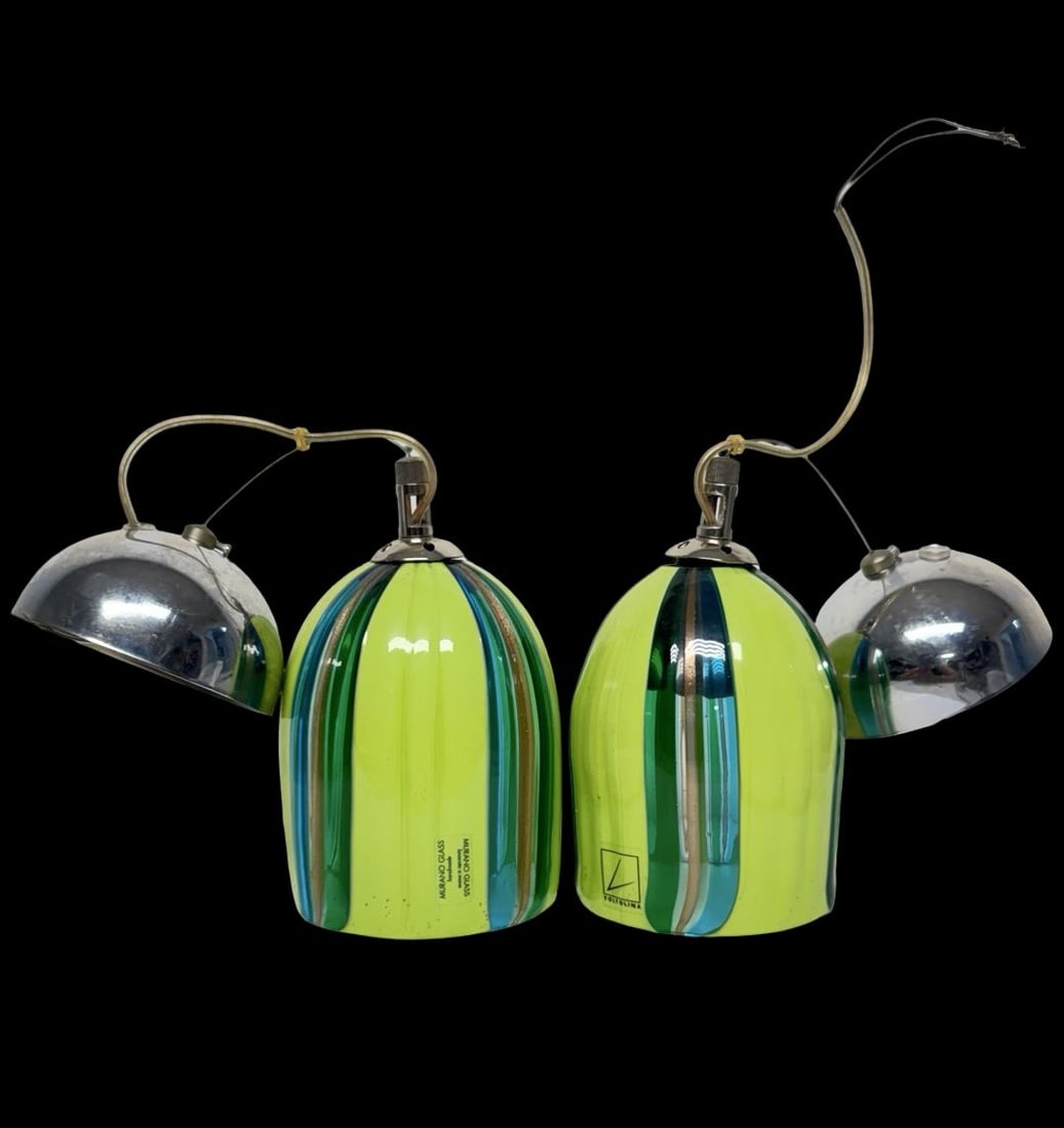 Gorgeous Vintage VOLTOLINA Murano, Italy Art Glass Jacaranda Pendant Lamps: Very good vintage condition. Measures approx. 4" long, 4" wide, 7" high. Crafted from metal & art glass. Marked.