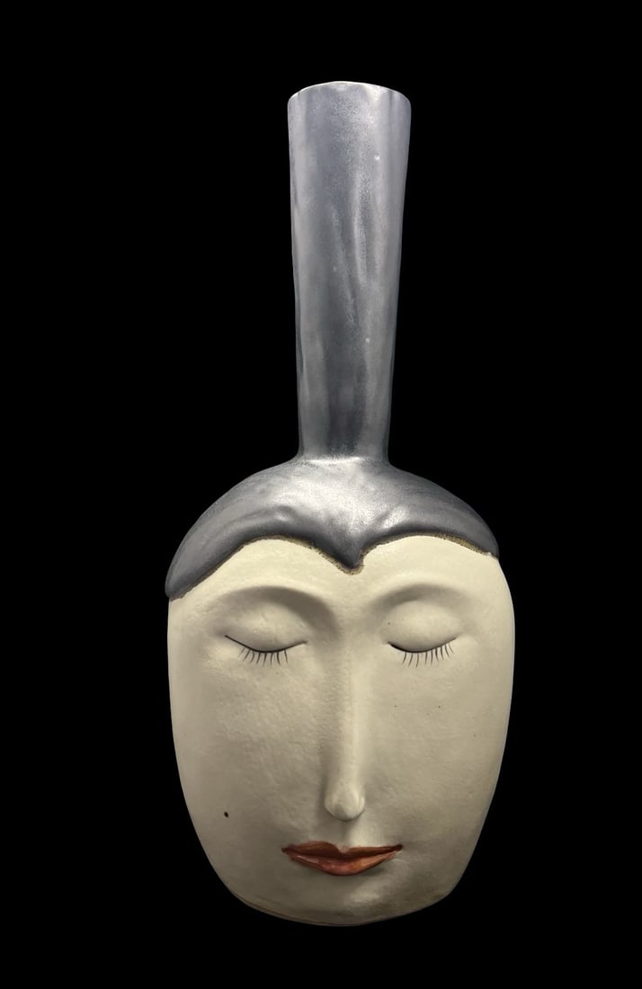 Very Unusual Vintage Glazed Art Pottery w/ Surrealistic Face Design: Very good vintage condition. no chips, cracks or repairs. Measures approx. 6 1/2" long and 7" wide and 16 1/2" high.