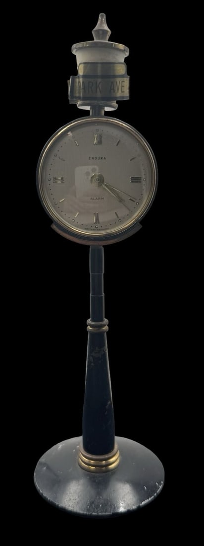 Vintage ENDURA Germany Figural Lamp Post Clock: Very good vintage condition with minor patina according to age. Measures approx. 8" high x 2 1/2" wide.
