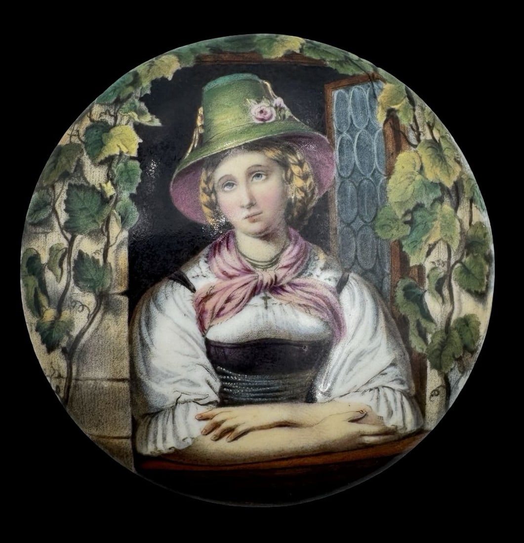 Antique 19th Century European Hand-Painted Porcelain Plaque w/ Lady Portrait: Very good antique condition with wear according to age; no chips, cracks, or repairs. Measures approx. 2.75" long, 2.75" wide. Marked.