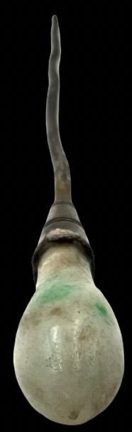 Antique Chinese Silver & Green Jade Hairpin: Very good antique condition with some wear and patina according to age. Measures approx. 3 3/4" long x 2/8" wide and weighs ca. 4.7 grams.