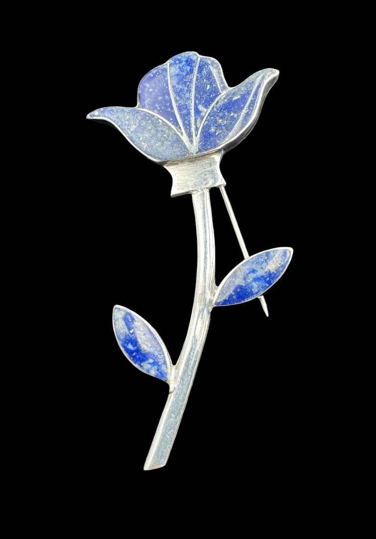 Unusual Ornate Vintage 980 Silver & Inlaid Lapis Lazuli Flower Brooch: Very good vintage condition with minor patina according to age. Measures approx. 2 1/2" long and 1 1/4" wide and weighs ca. 6.6 grams. Marked for 980 Silver.