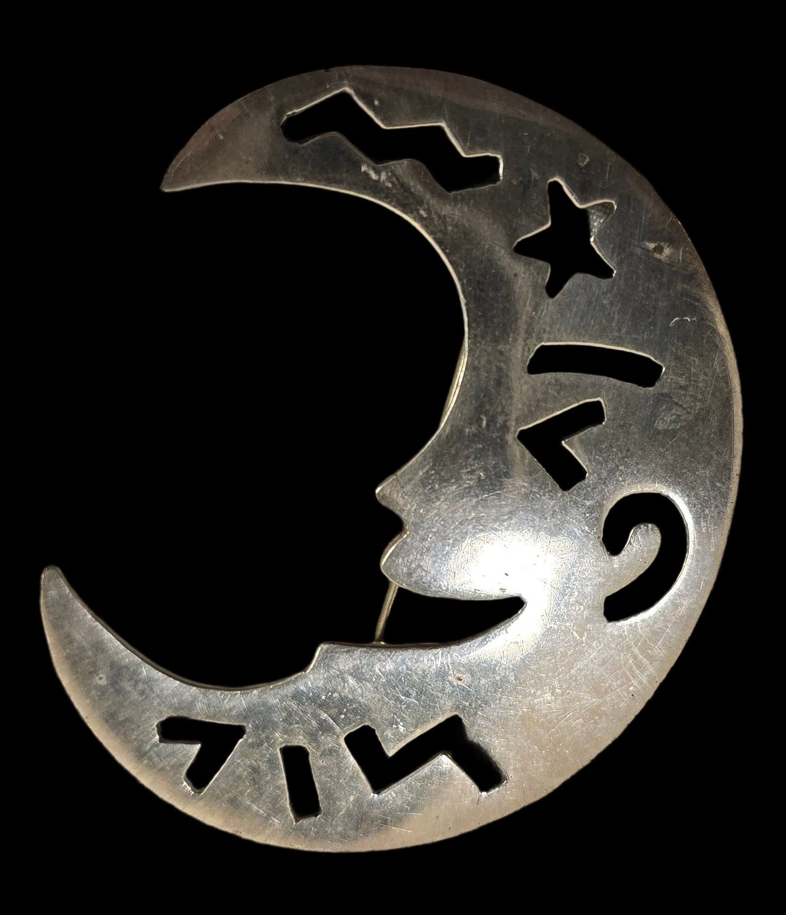 Vintage TAXCO Mexico Sterling Silver Laughing Half Moon Pin Brooch: Very good vintage condition with wear and patina according to age. Measures approx. 1 1/2" long x 2" wide and weighs ca. 13 grams. Marked.