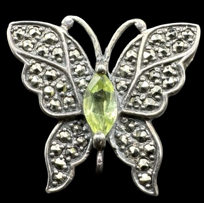 Beautiful Vintage Sterling Silver, Marcasite & Green Gemstone Butterfly Pendant: Very good vintage condition with minor patina according to age. Measures approx. 3/4" long x 3/4" wide and weighs ca. 3.5 grams. Marked.