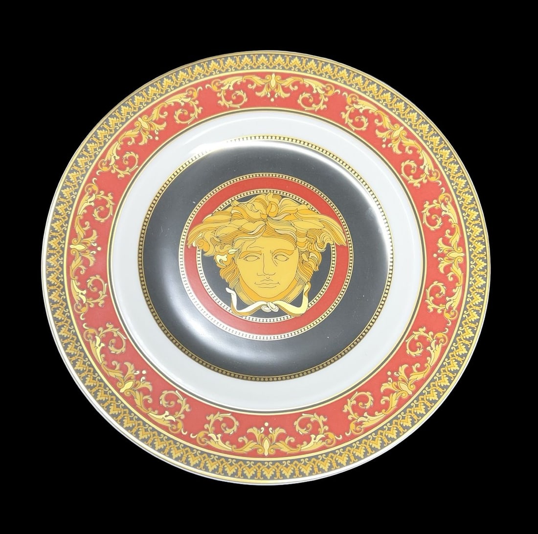 Vintage ROSENTHAL for VERSACE Porcelain Set of 4 Plates w/ Medusa Head Motif: Very good vintage condition. no chips, cracks or repairs. Measures approx. 7 1/4" long and 7 1/4" wide and 3/4" high. Signed for ROSENTHAL & VERSACE.