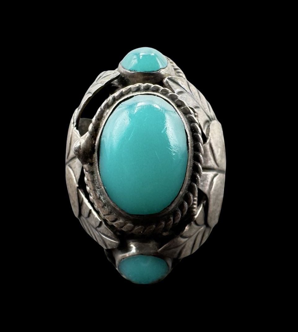 Amazing Ornate Vintage Mexican Sterling Silver & Turquoise Cocktail Ring: Very good vintage condition with minor patina according to age. Measures approx. 1/2 long and 1/2" wide and weighs ca. 9.1 grams. The ring is a size 7 1/2. Marked for Sterling Silver.
